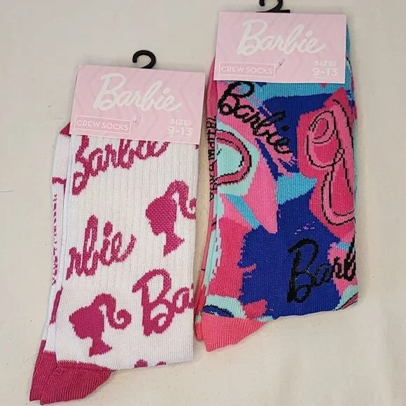 Barbie Crew Socks 2-Pack Pink White Blue Size 9-13 Retro Y2K Style - Picture 1 of 3